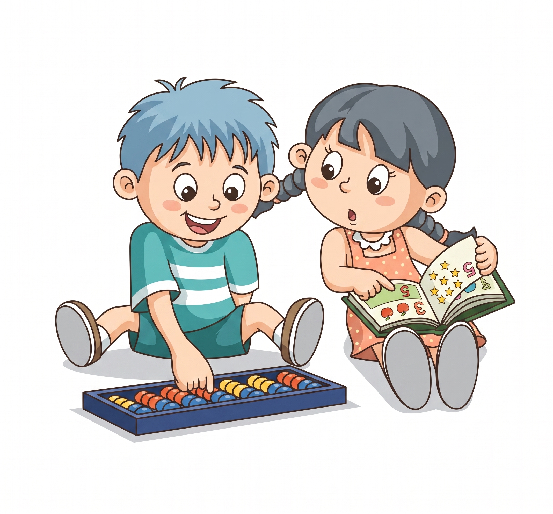 A child using a colourful abacus while a friend reads beside them